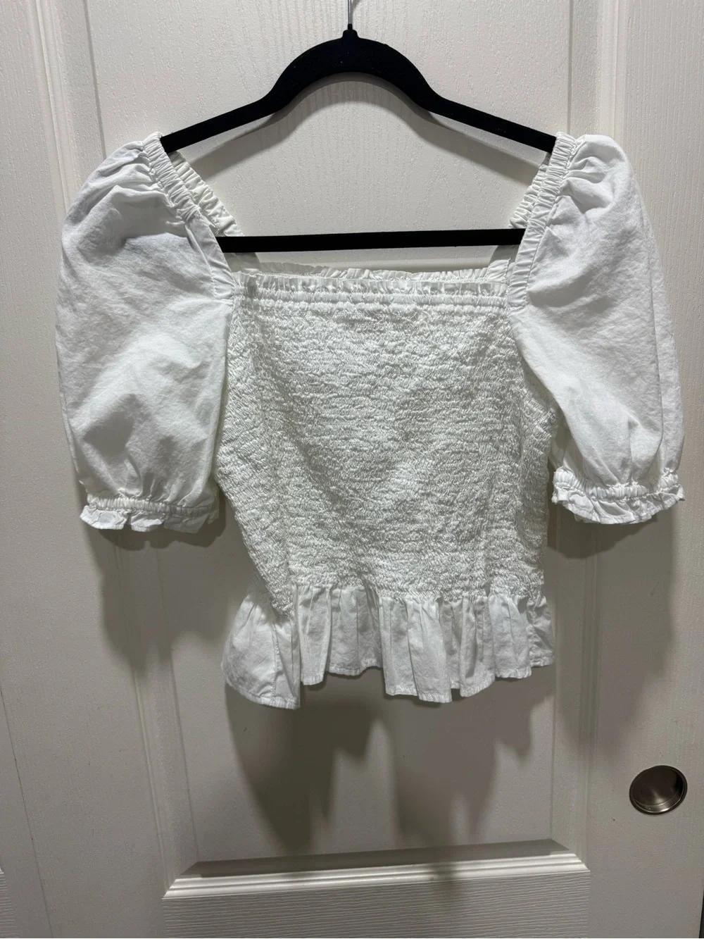 J.Crew Re-Imagined White Smocked Puff Sleeve Top Size S